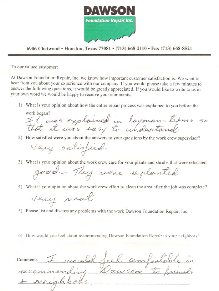 testimonial letter #64 for Dawson Foundation Repair