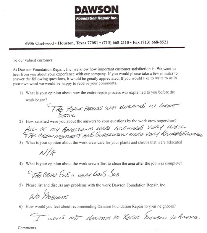 testimonial letter #70 for Dawson Foundation Repair