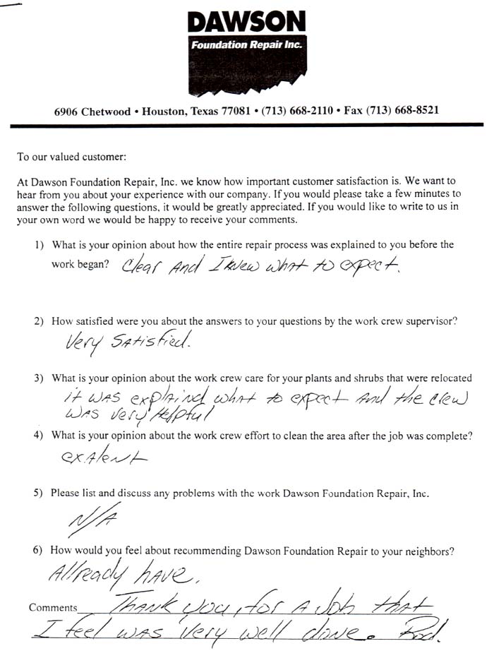 testimonial letter #71 for Dawson Foundation Repair
