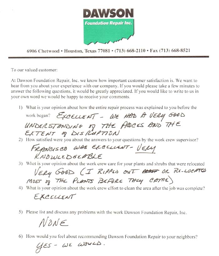 testimonial letter #74 for Foundation Repair in Houston