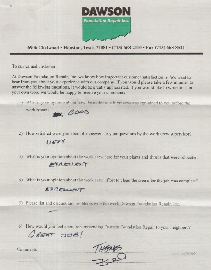 testimonial letter #75 for Dawson Foundation Repair