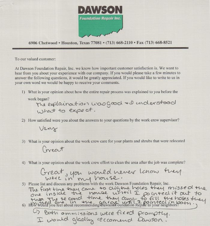 testimonial letter #76 for Dawson Foundation Repair