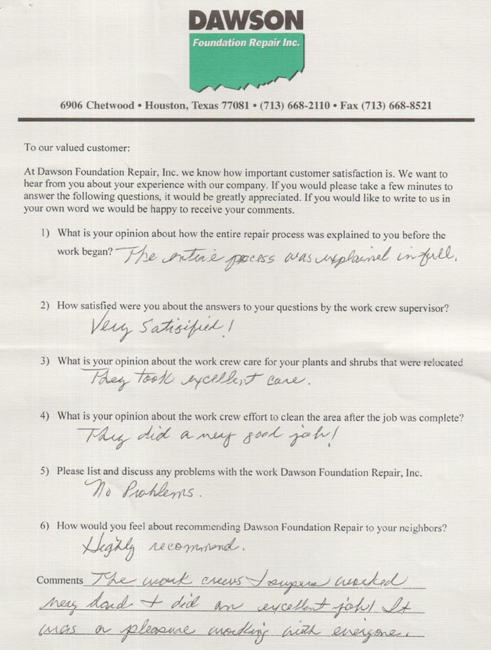 testimonial letter #79 for Dawson Foundation Repair