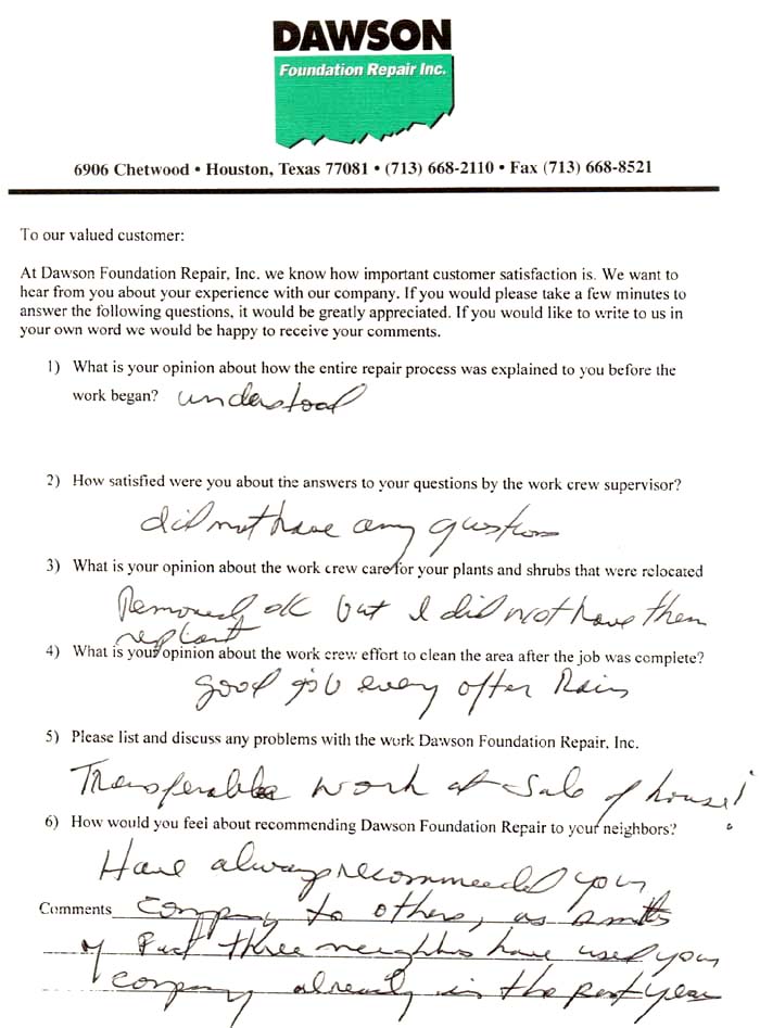 testimonial letter #85 for Dawson Foundation Repair