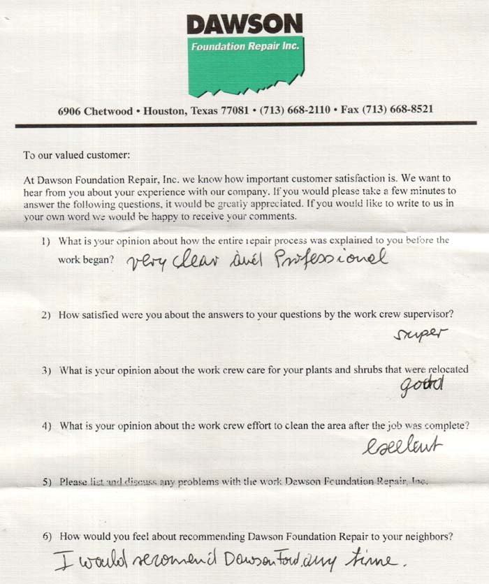 testimonial letter #86 for Dawson Foundation Repair