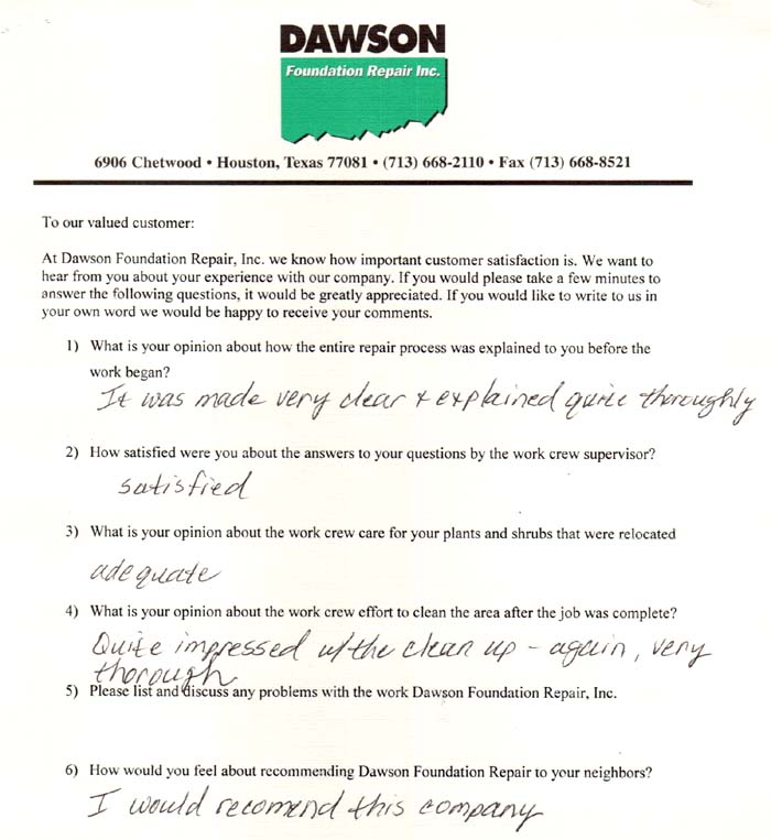 testimonial letter #88 for Dawson Foundation Repair