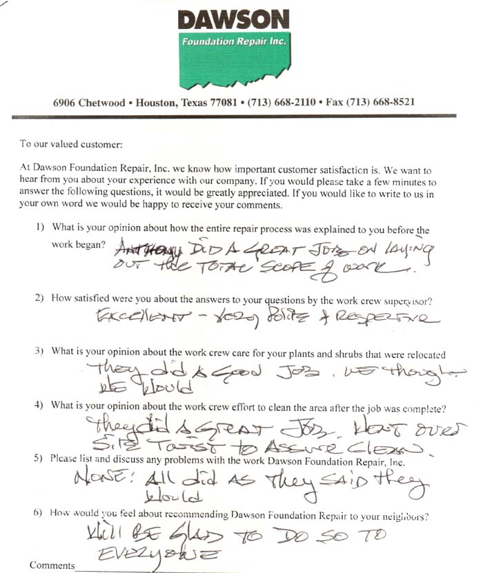 testimonial letter #92 for Dawson Foundation Repair