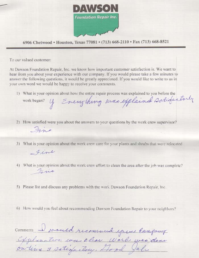 testimonial letter #96 for Dawson Foundation Repair