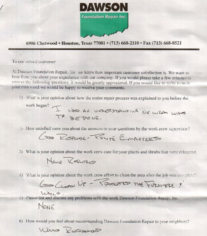 testimonial letter #98 for Dawson Foundation Repair