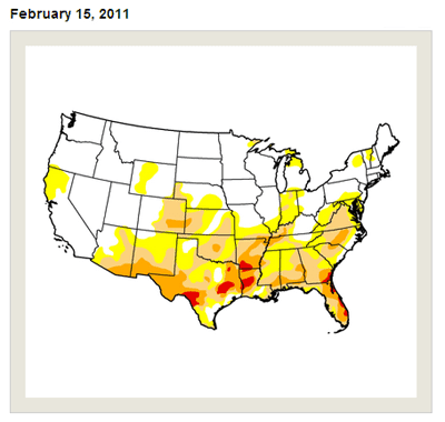 This is a national map of drought conditions in Texas and the USA on February 15, 2011.