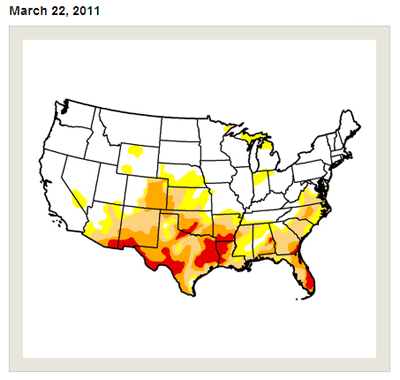 This is a national map of drought conditions in Texas and the USA on March 22, 2011.