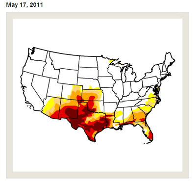 This is a national map of drought conditions in the USA on May 17, 2011, and shows the extrememly dry conditions in Texas.