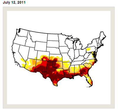 This is a national map of drought conditions in the USA on July 12, 2011, and shows the drought extending to New Mexico and other southern states.