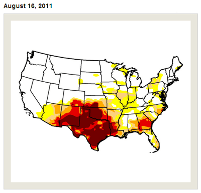 This is a national map of drought conditions in the USA on August 16, 2011, and shows that almost the entire state of Texas experiencing extreme drought conditions.
