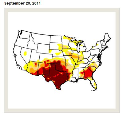 This is a national map of drought conditions in the USA on September 20, 2011, and shows that almost the entire state of Texas experiencing extreme drought conditions.