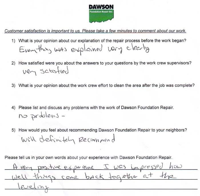 testimonial letter #516 in Houston for Dawson Foundation Repair