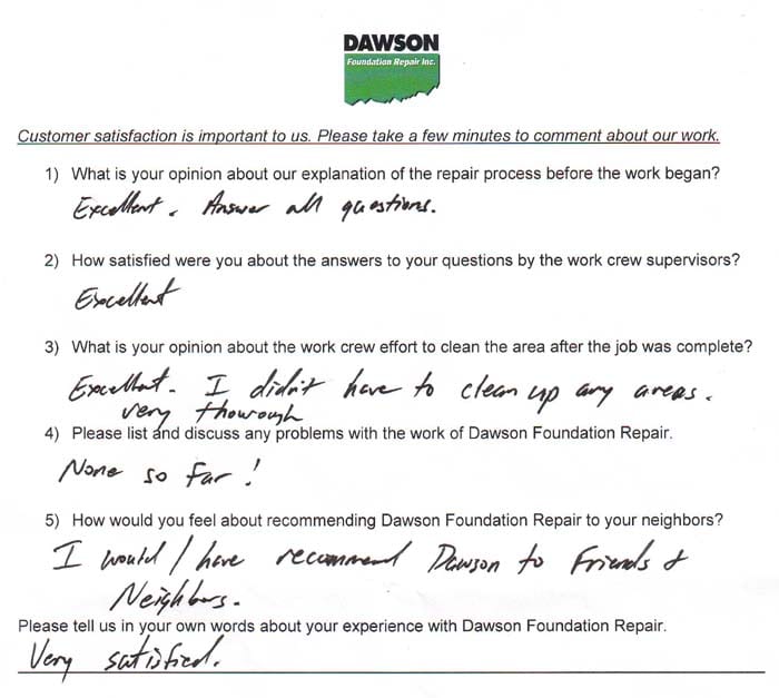 testimonial letter #518 in Houston for Dawson Foundation Repair