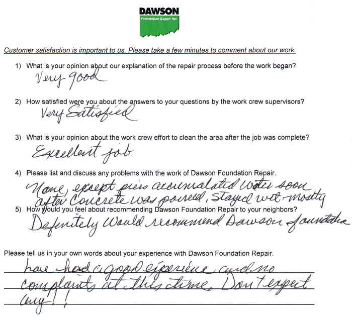 Foundation Repair in Pearland Texas, testimonial #543