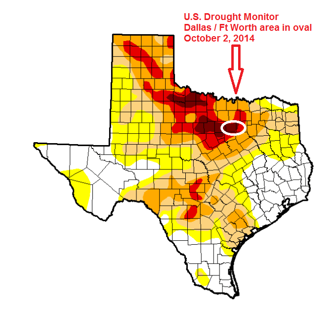 This map show the intensity of the 2014 drought in Texas and in the Dallas area.