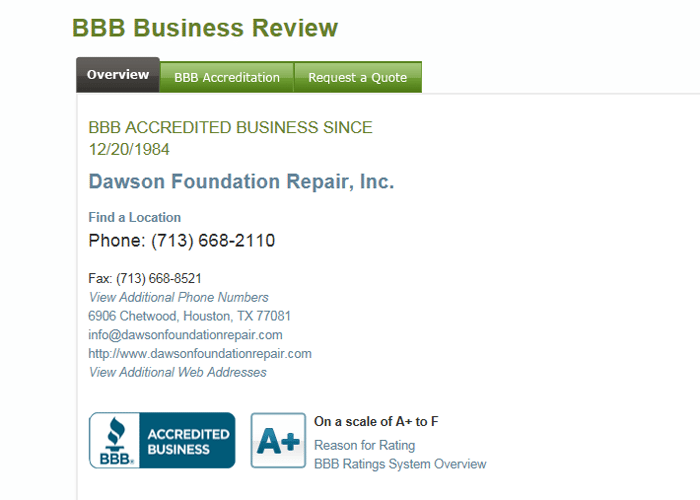 Better Business Bureau reviews for Dawson Foundation Repair.