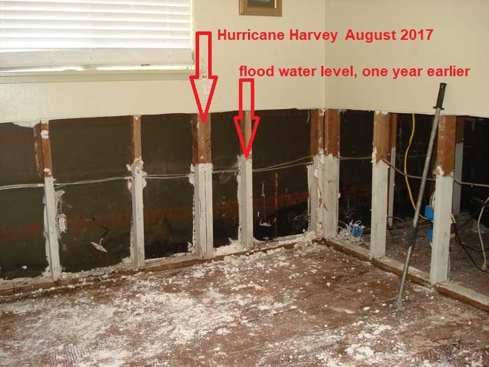This photo shows the water levels in a house in southwest Houston in the last two floods of 2016 and 2017.