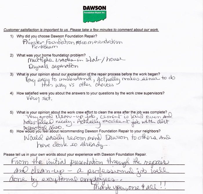 This is a testimonial letter from Beverly, a satisfied Dawson customer in Houston, Texas.