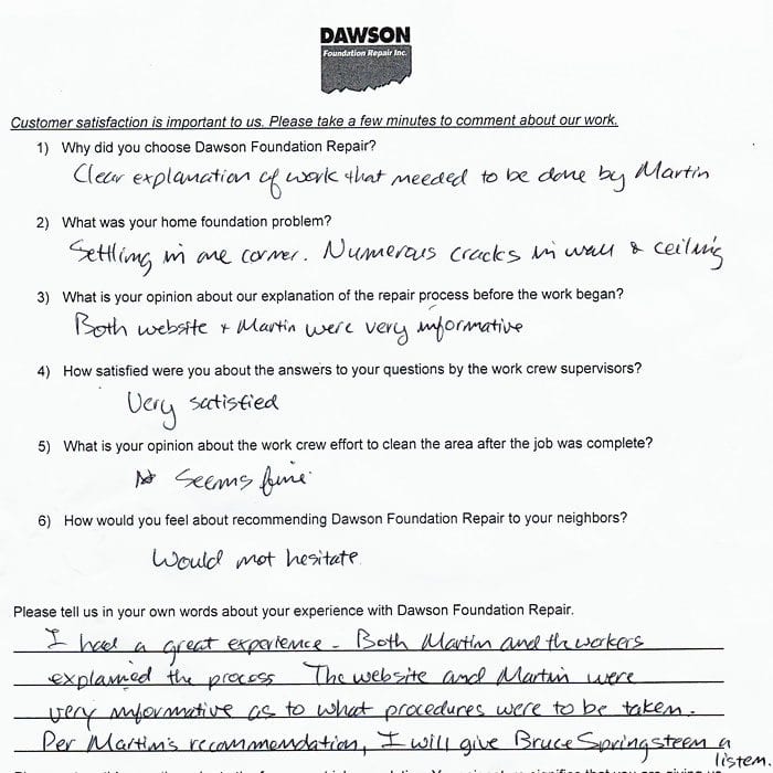 Timmy from Houston wrote this testimonial letter about the experience of working with Dawson Foundation Repair.