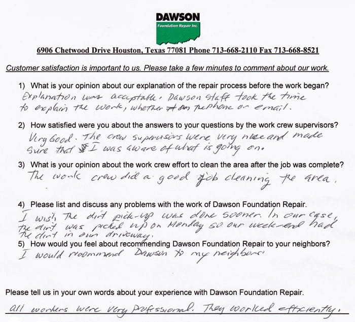Testimonial Letter #637 describes the excellent concrete slab leveling and foundation repair work done by Dawson Foundation Repair.