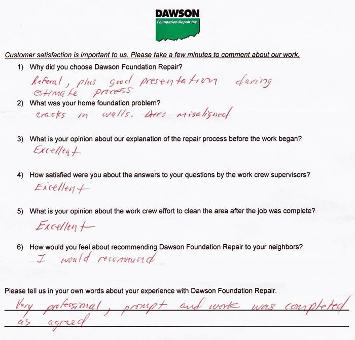 Testimonial Letter #638 describes the excellent concrete slab leveling and foundation repair work done in Houston by Dawson Foundation Repair.