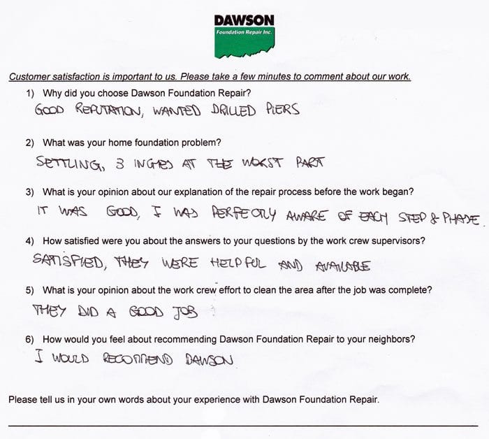 Testimonial Letter #639 describes the excellent concrete slab leveling and foundation repair work done in Houston by Dawson Foundation Repair.