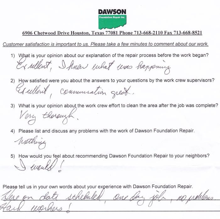 Testimonial Letter #636 describes the excellent concrete slab leveling and foundation repair work done in Katy, Texas by Dawson Foundation Repair.