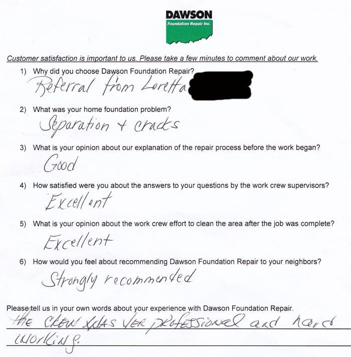 Myrna from Missouri City, Texas wrote this complimentary testimonial letter about the foundation repair work on her home's foundation slab.