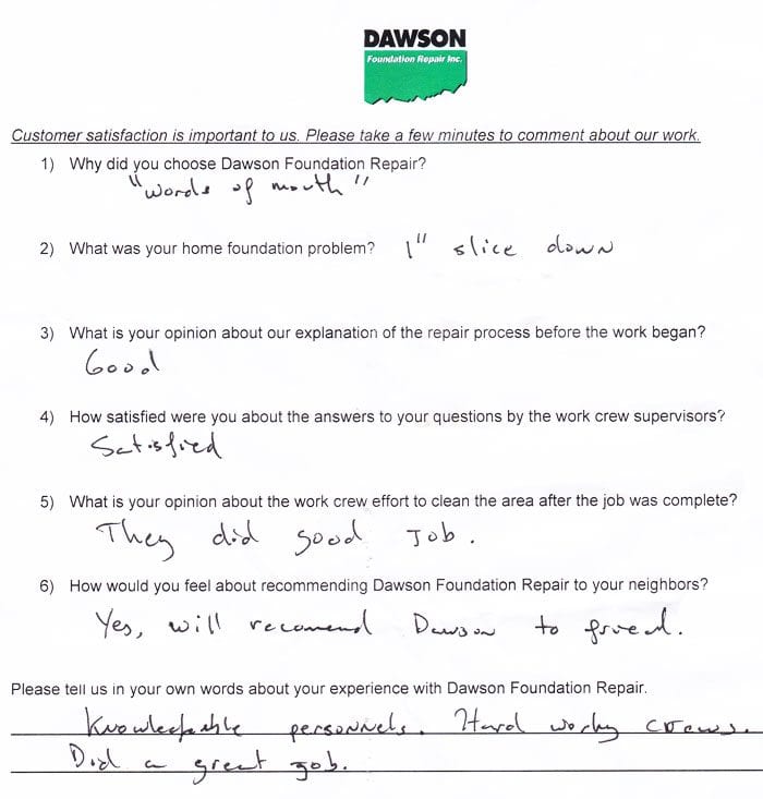 Testimonial Letter #640 describes the excellent concrete slab leveling and foundation repair work done in Missouri City by Dawson Foundation Repair.