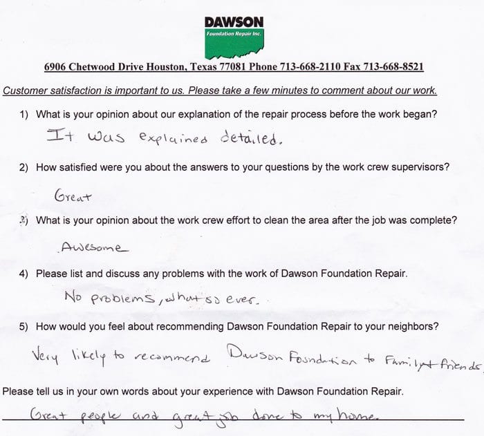 Indira was kind enough to write this review about the foundation repair work done on her house by Dawson.