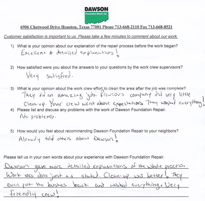Heather wrote this testimonial letter about the foundation repair work done on her Sugar Land home.