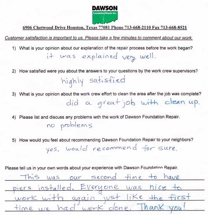 Dawson Foundation Repair testimonial letter #662 from a satisfied customer in Houston, Texas.