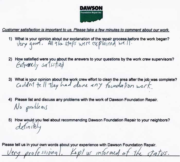 Dawson Foundation Repair testimonial letter #663 from a satisfied customer in Houston, Texas.