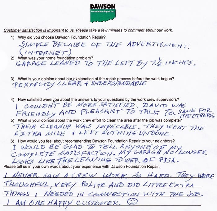 A Sugar Land foundation repair customer has written testimonial letter #647 about the quality of work and performance of the personnel of Dawson Foundation Repair.