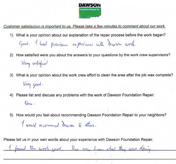 This foundation repair customer in Missouri City was very satisfied with the work performed by the Dawson crews. His testimonial letter states that 