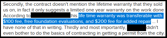 Home foundation repair customer has a complaint about a transferable warranty