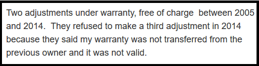 Homeowner complaint about denial of services due to lack of warranty transfer from previous owner