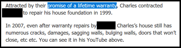 Homeowner complaint about additional damage to his home AFTER foundation repair job