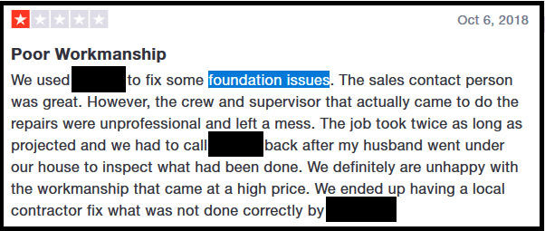 Poor Workmanship was the complaint from this homeowner about the foundation issues of his home