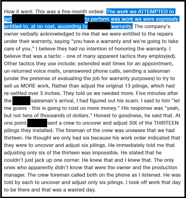 Homeowner complaint about the foundation repair warranty and a five month ordeal that was a foundation repair job on his house