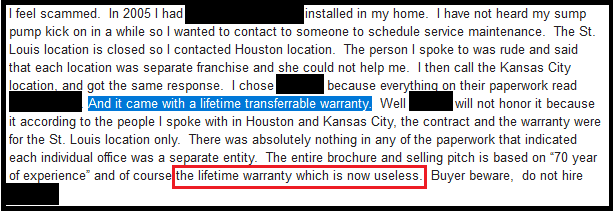 Homeowner complaint about a foundation repair lifetime warranty that he states is useless