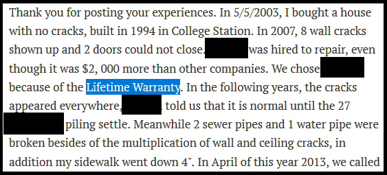 Homeowner complaint about multiple damage issues and the Lifetime Warranty