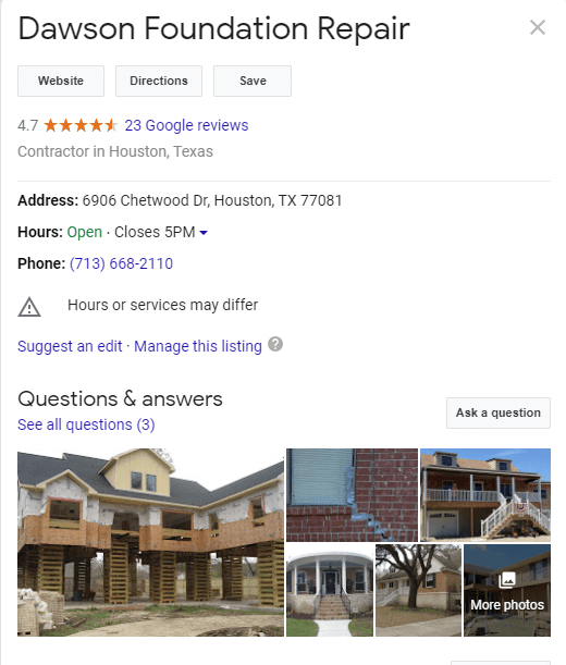 This is the Google My Business page for Dawson Foundation Repair.