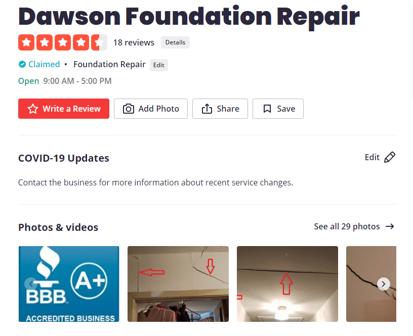 This is the Yelp page For Dawson Foundation Repair.