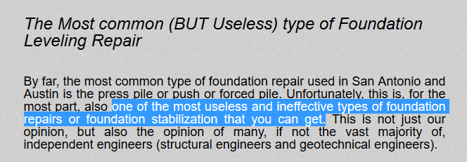 Opinion of A-1 structural engineers regarding the Pushed Pile method for foundation repair and leveling.